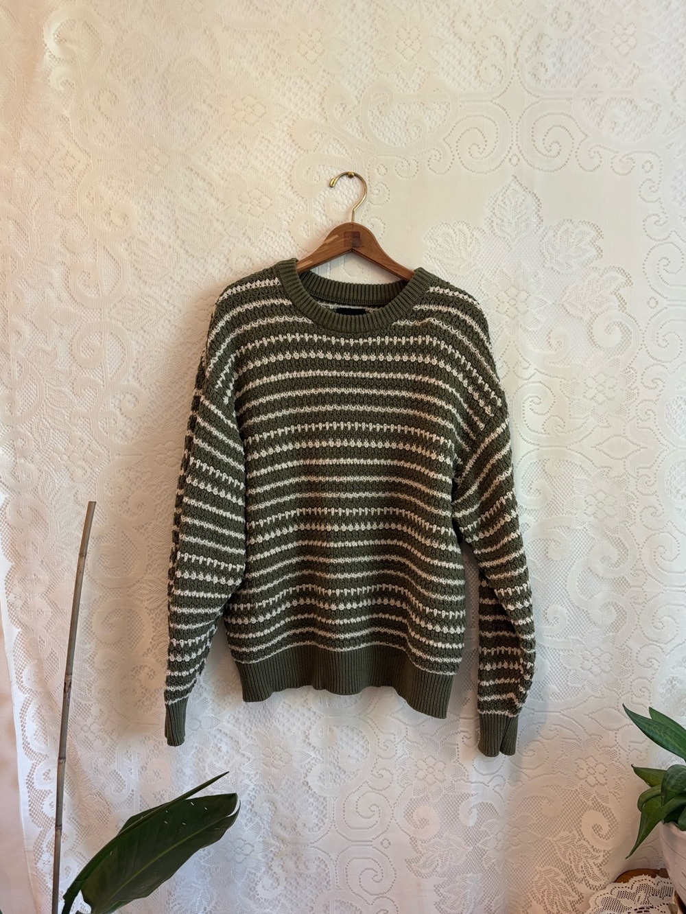 Olive & Cream Striped Crewneck Sweater - Men